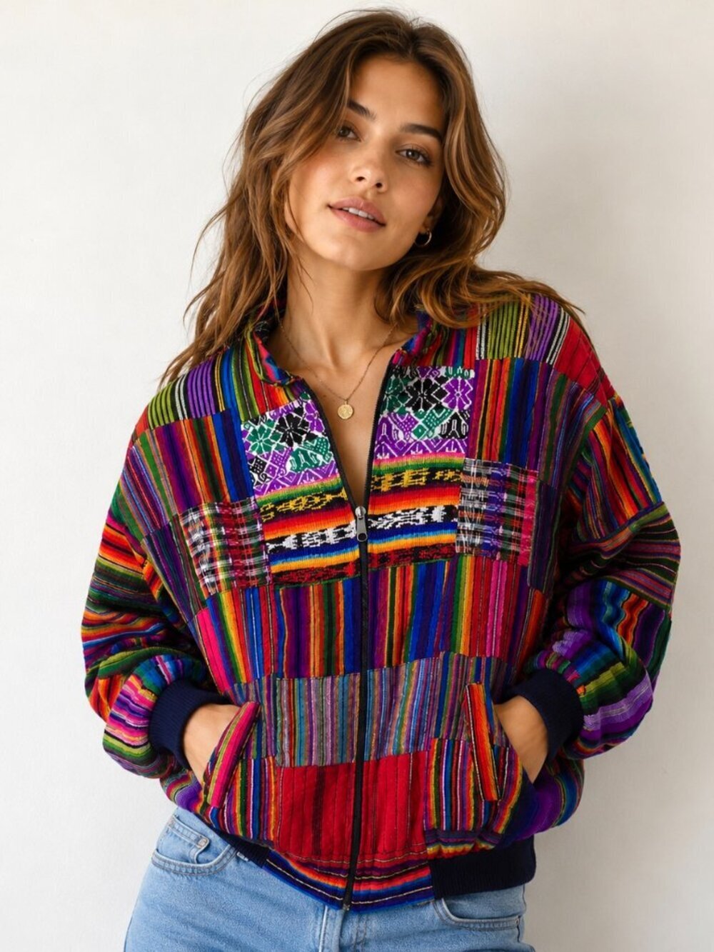 Vintage Guatemalan Patchwork Jacket Cotton Boho Ethnic Woven Zip Colorful Large